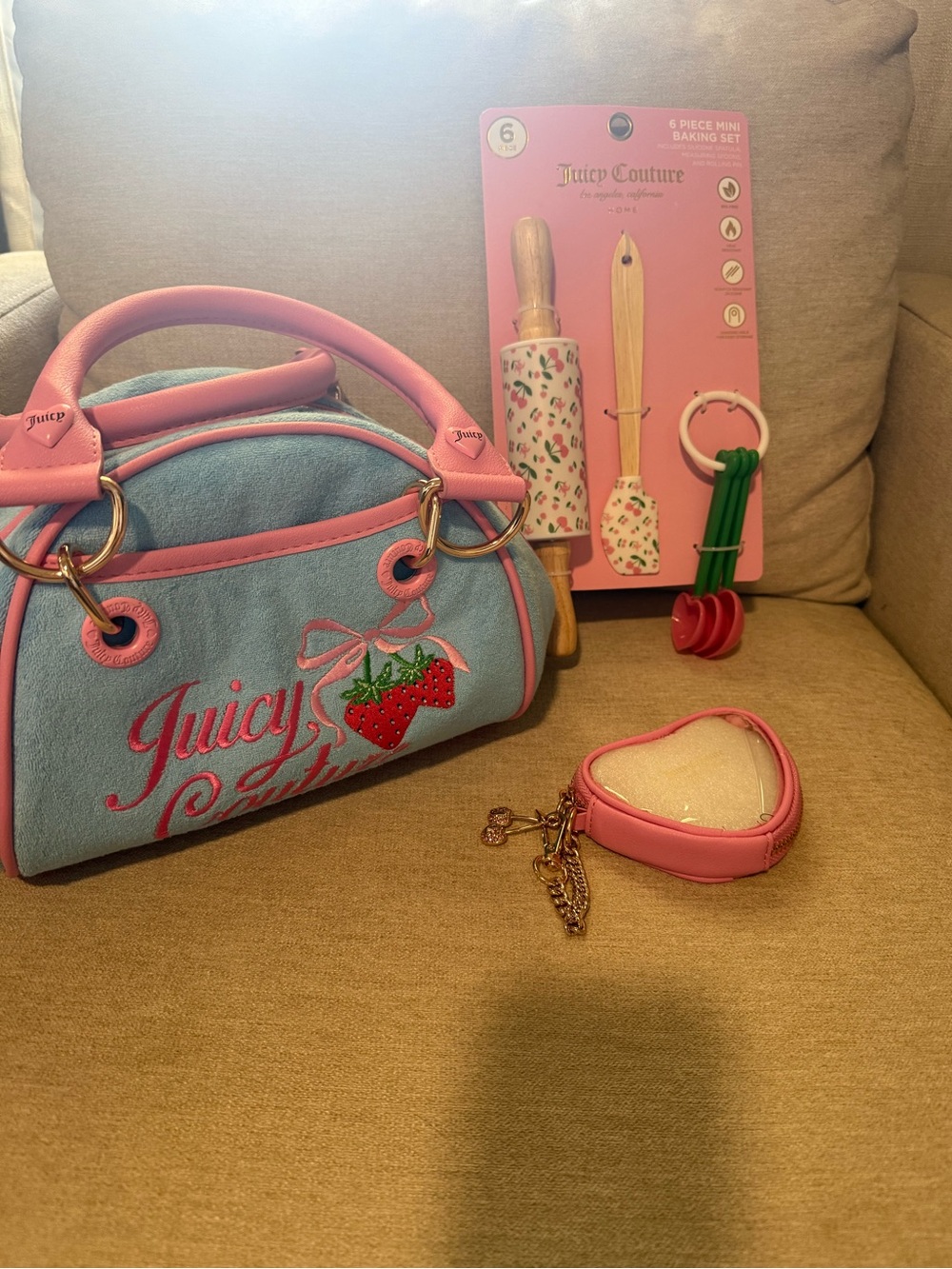 ADORABLE blue Pink JUICY COUTURE dome Satchel Lot NWOT Strawberry Terry w Gifts
